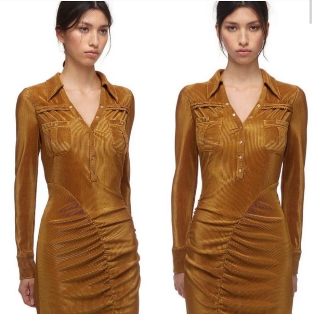 Self Portrait Metallic plisse midi gold dress us4